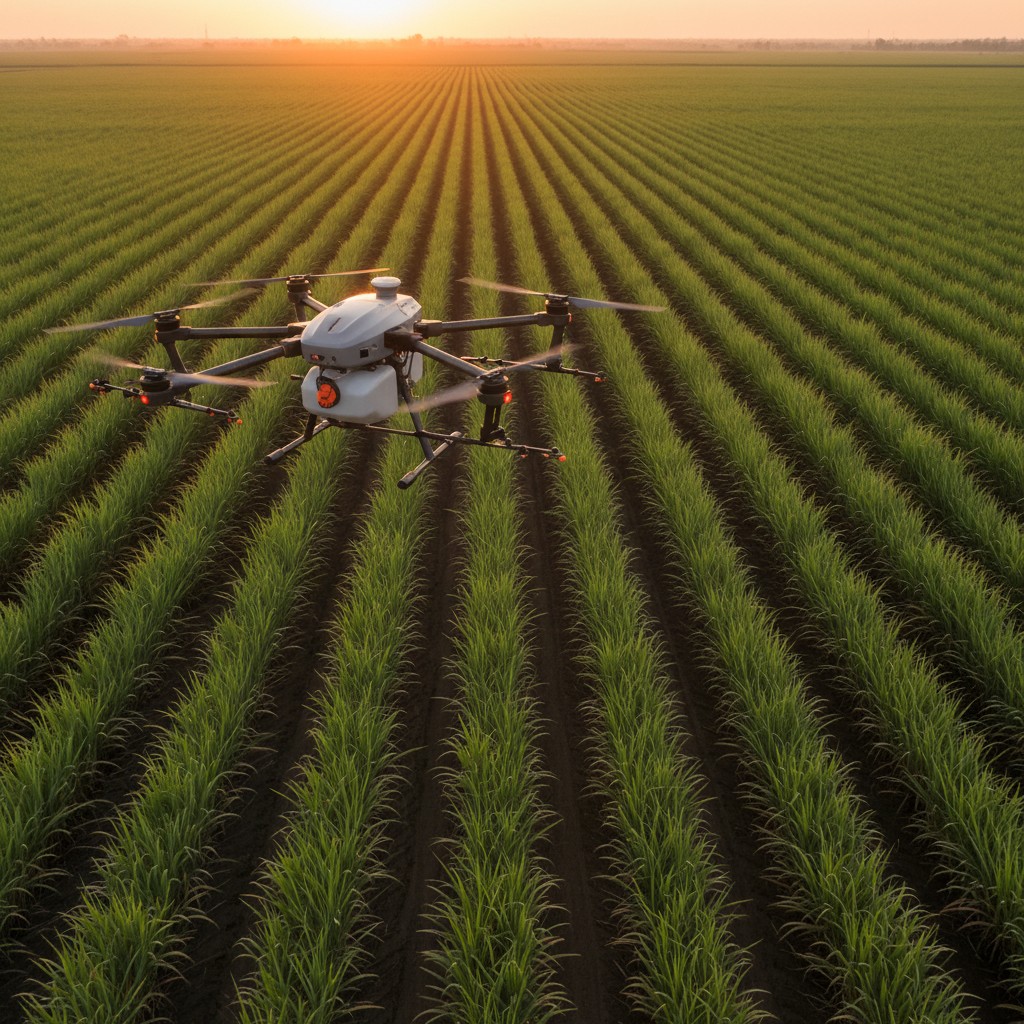 Uma drone voando sobre um campo de plantações.