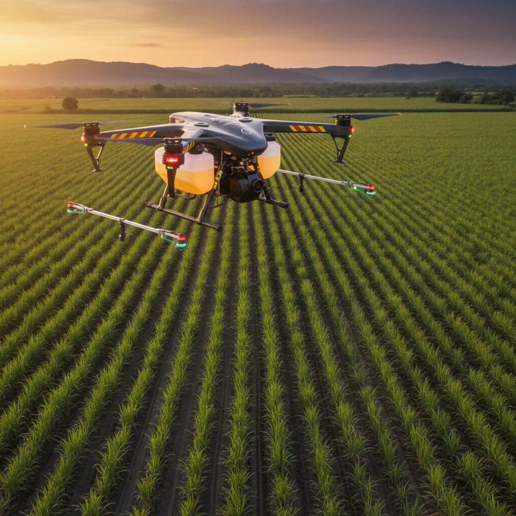 Here is the alt text: "Agricultural drone flying through rows of green crops in a field at sunset or dawn with mountains i...