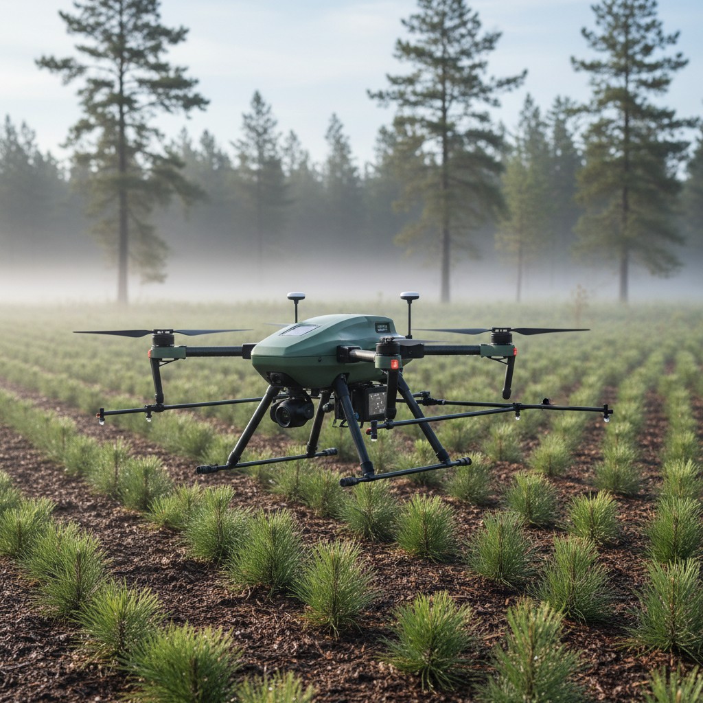 Agricultural drone in field with trees visible in the background.