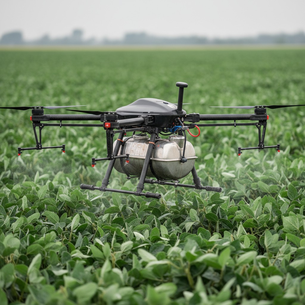 Um avião semelhante a um drone executando uma aplicação de pesticida sobre uma cultura de soja com um tanque de pesticidas...