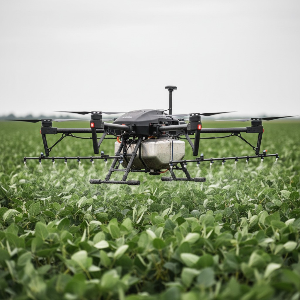 Agricultural drone spraying pesticide in a soybean field.